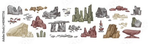 Set of various stone and rock hand drawn vector illustration in realistic style. Bundle of detailed big and small heavy stones isolated. Different boulders and cobblestones smooth or polygonal shapes