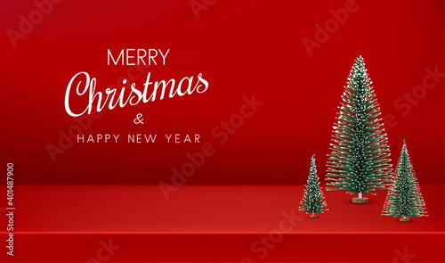 Spruce trees on red background with sign.