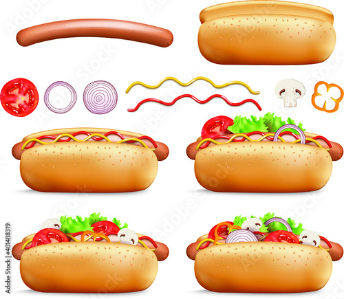 Realistic 3d Hot Dogs Different Set Fast Food with Sausage, Bread, Onion,
Champignon, Pepper, Tomato, Mustard and Ketchup.