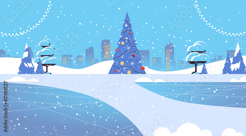 decorated fir tree in snowy park merry christmas happy new year winter holidays celebration concept greeting card cityscape background horizontal vector illustration © mast3r