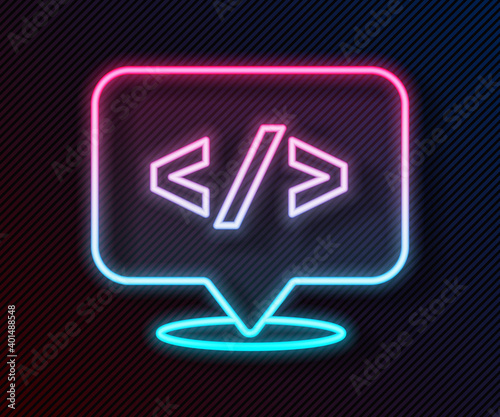 Glowing neon line Web design and front end development icon isolated on black background. Vector.