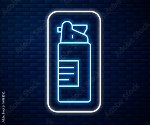 Glowing neon line Weapons oil bottle icon isolated on brick wall background. Weapon care. Vector.