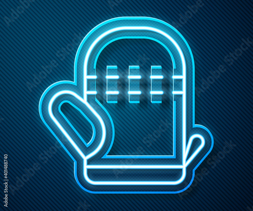 Glowing neon line Oven glove icon isolated on blue background. Kitchen potholder sign. Cooking glove. Vector.