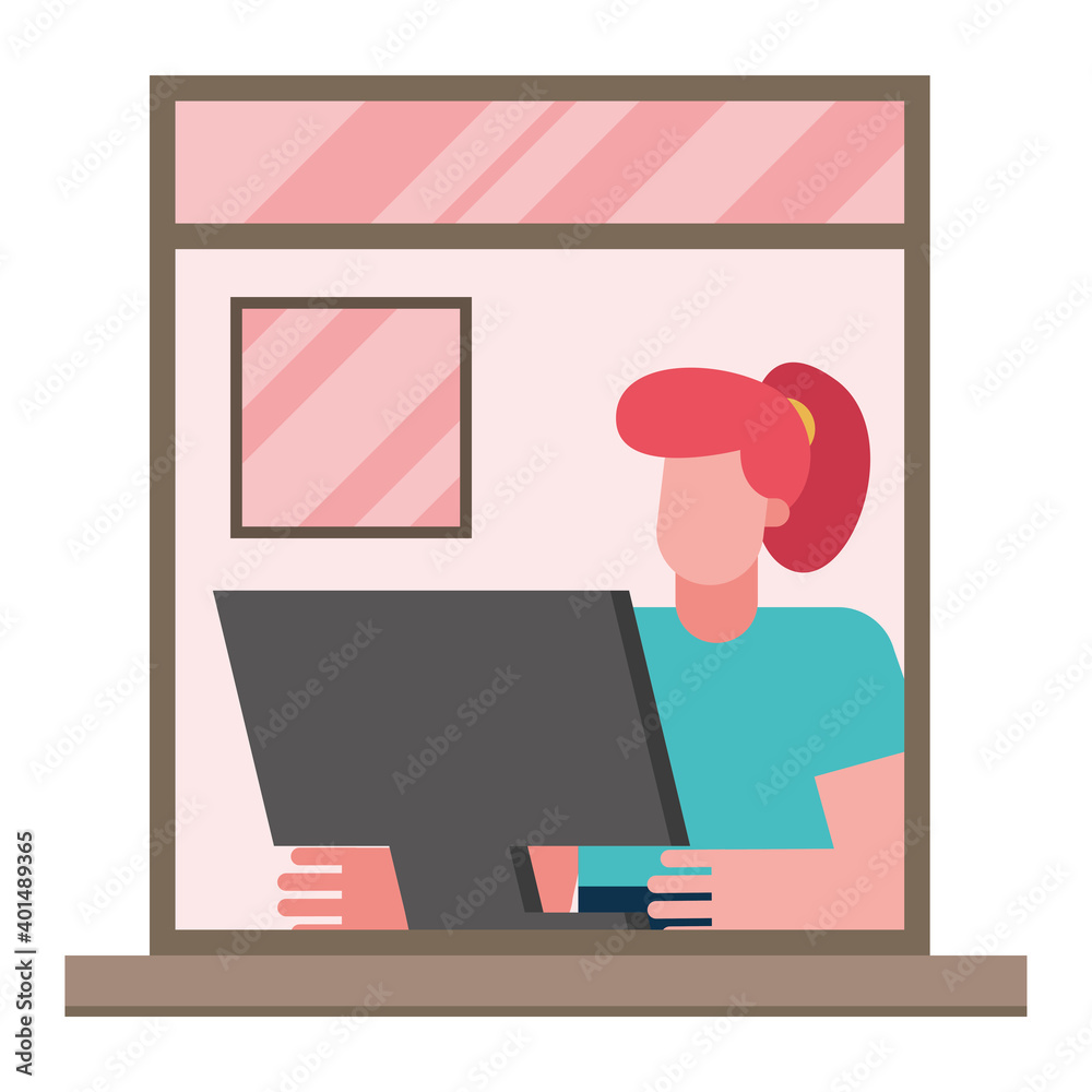 woman with computer working from home window vector design woman with computer working from home window vector design