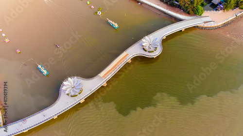 Fotografie Top view aerial view love bridge or Ninh Kieu quay of downtown in Can Tho City,