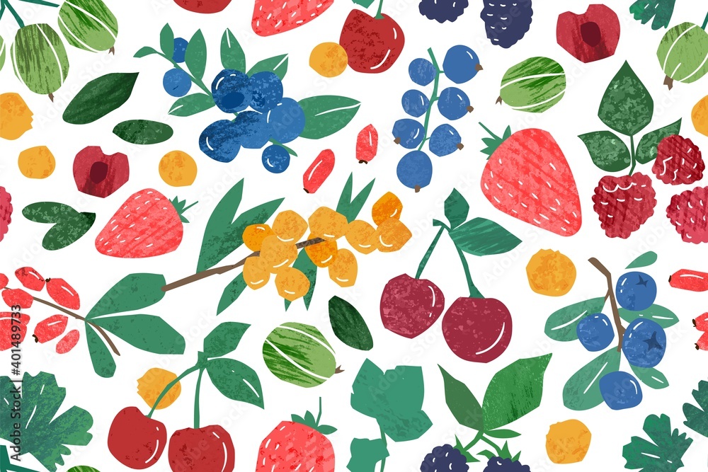 Hand drawn berry branches seamless pattern. Colorful background with fresh ripe berries. Natural juicy edible plants wallpaper template. Vector textured illustration in flat style