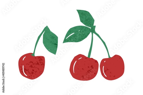 Juicy ripe cherry with stems and leaves vector flat illustration. Hand drawn fresh red berries isolated on white background. Colorful seasonal edible garden or wild fruits, vitamin healthy nutrition