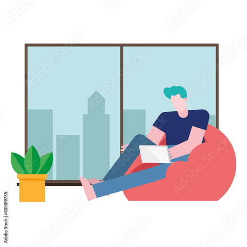 Man with laptop on puf working from home vector design
