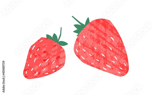 Ripe red strawberries vector flat illustration. Hand drawn fresh sweet berries isolated on white background. Organic seasonal edible fruit. Tasty juicy garden plant