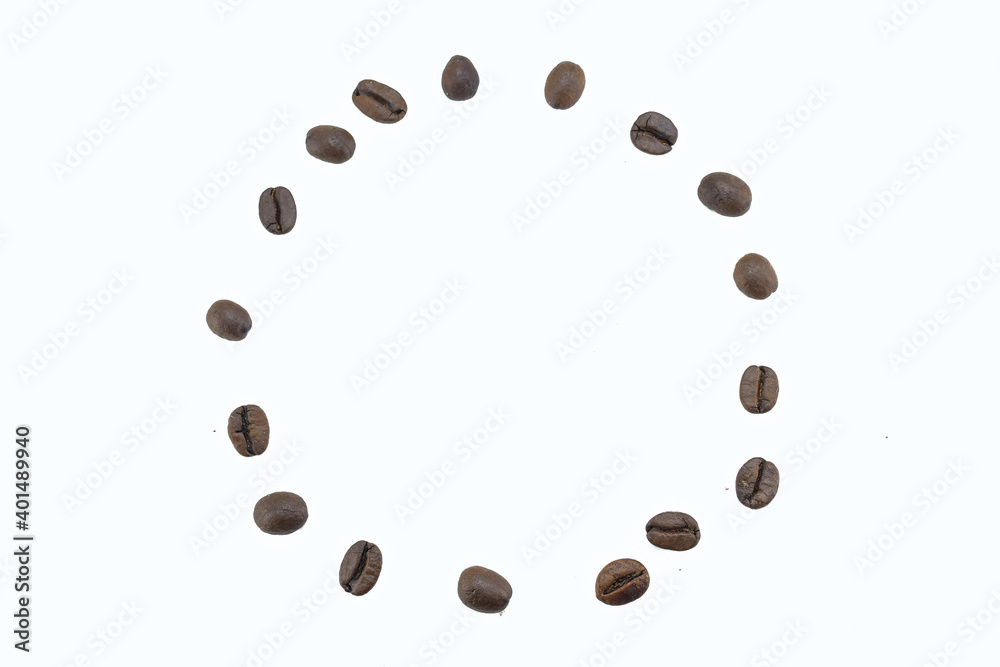 Circle coffee beans on white background, top view Circle coffee beans on white background, top view