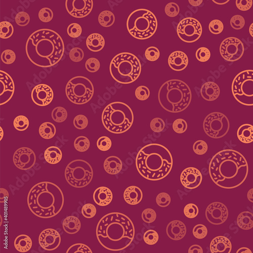 Brown line Donut with sweet glaze icon isolated seamless pattern on red background. Vector.