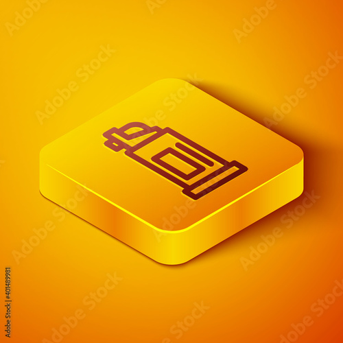 Isometric line Pepper spray icon isolated on orange background. OC gas. Capsicum self defense aerosol. Yellow square button. Vector.