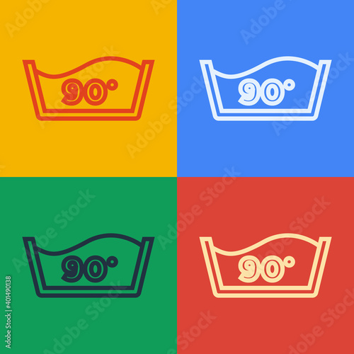 Pop art line Washing under 90 degrees celsius icon isolated on color background. Temperature wash. Vector.