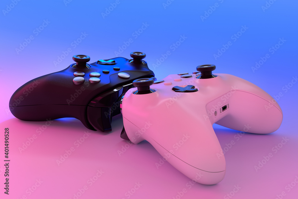 Realistic video game controllers in neon lights on white table background