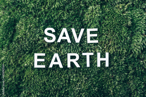 Inscription Save earth on moss, green grass background. Top view. Copy space. Banner. Biophilia concept. Nature backdrop