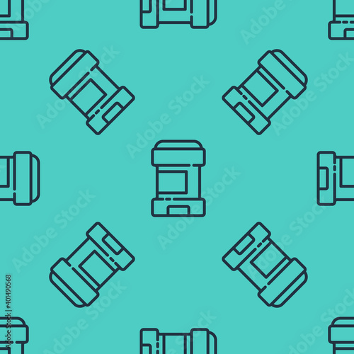 Black line Antiperspirant deodorant roll icon isolated seamless pattern on green background. Cosmetic for body hygiene. Vector.