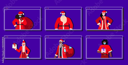 set mix race people in santa costumes wearing masks to prevent coronavirus pandemic new year christmas holidays celebration online communication concept web browser windows portrait horizontal vector