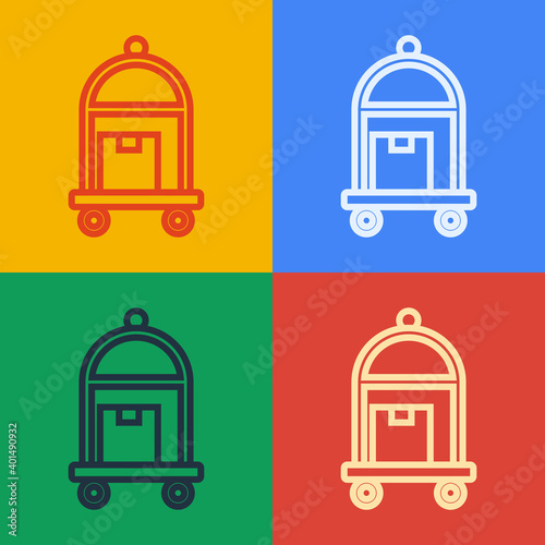 Pop art line Hotel luggage cart with suitcase icon isolated on color background. Traveling baggage sign. Travel luggage icon. Vector.