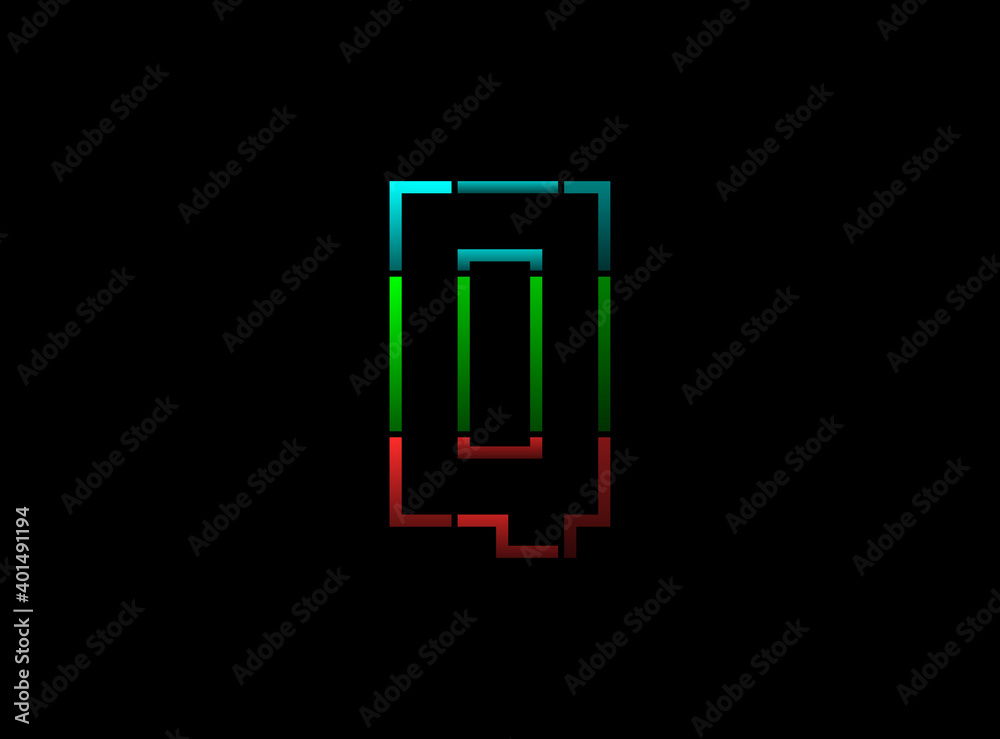 Q letter vector outline stroke desing, font logo. Red, green, blue color on black background. For social media,design elements, creative poster, web template and more