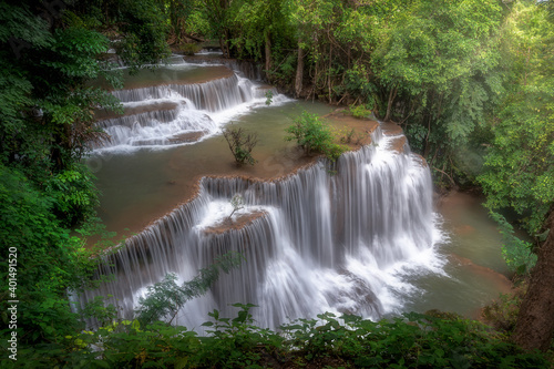 Huai Mae Khamin Waterfall, the most popular attraction at Khuean Srinagarindra National Park in Kanchanaburi Province in Thailand. 
