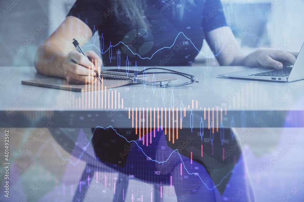 Double exposure of businesswoman hands typing on computer and forex chart hologram drawing. Financial analysis concept.