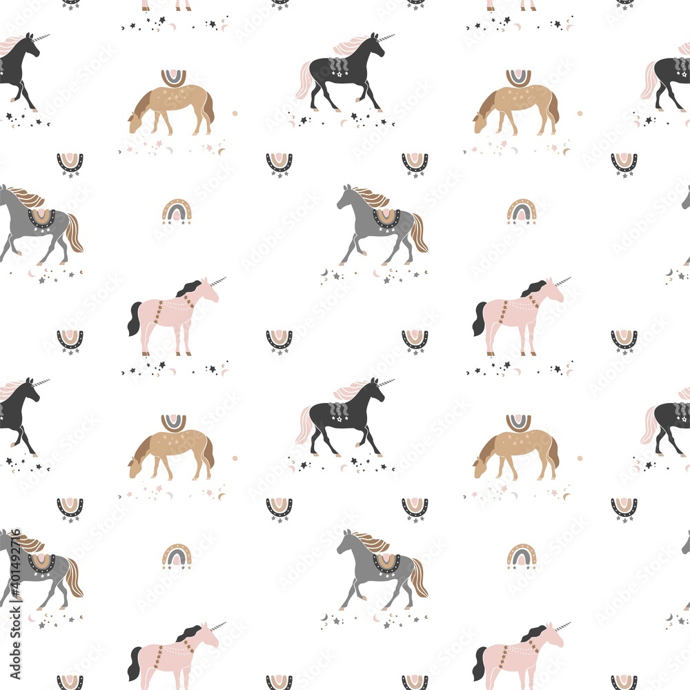 Decorative seamless pattern with unicorns, stars, rainbows in vintage boho style. Wild magic horses for wrapping paper, wallpaper, fabric. Mystical background in pastel colors. Vector illustration Decorative seamless pattern with unicorns, stars, rainbows in vintage boho style. Wild magic horses for wrapping paper, wallpaper, fabric. Mystical background in pastel colors. Vector illustration