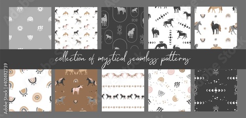 Set of vintage seamless patterns with unicorns, stars, rainbows, moon, sun. Collection of boho style backgrounds with modern abstract elements for wrapping paper, wallpaper. Vector illustration. photo