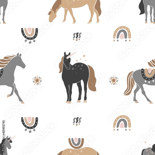 Decorative seamless pattern with unicorns, stars, rainbows in vintage boho style. Wild magic horses for wrapping paper, wallpaper, fabric. Mystical background in pastel colors. Vector illustration