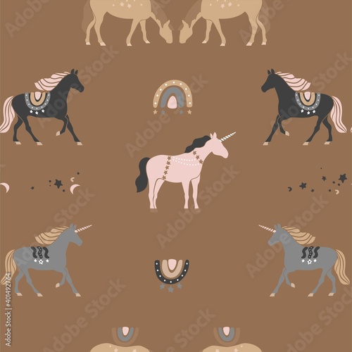 Decorative seamless pattern with unicorns, stars, rainbows in vintage boho style. Wild magic horses for wrapping paper, wallpaper, fabric. Mystical background in pastel colors. Vector illustration