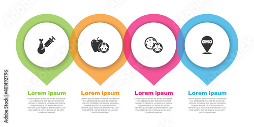 Set Gmo research chicken, Genetically modified apple, GMO and . Business infographic template. Vector.