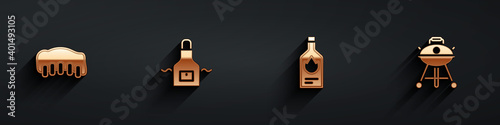 Set Grilled pork bbq ribs, Kitchen apron, Tabasco sauce and Barbecue grill icon with long shadow. Vector.