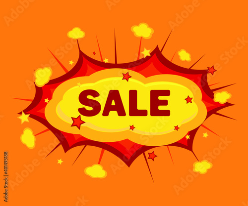 Sale and cartoon explosion on yellow background, sign for design, vector illustration
