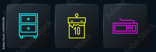 Set line Drawer with documents, Keyboard and Calendar. Black square button. Vector.