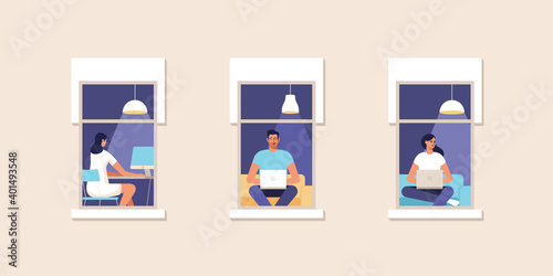 Young people working at home at the computer. Work at home. Online study, education. Facade of house with a window. Vector illustration.