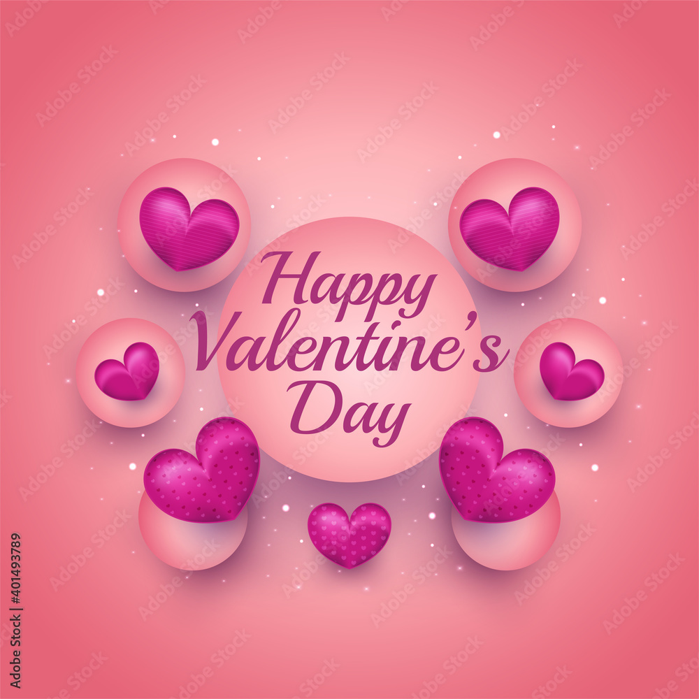 Valentine's Day greeting card or invitation with 3d hearts and balls on pink background. Holiday gift card. Romantic background with 3d decorative objects. Vector illustration