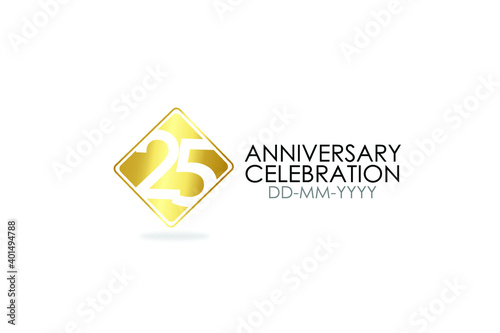 Square Simple 25 year anniversary, minimalist logo years, jubilee, greeting card. Birthday invitation, sign. Gold space vector illustration on white background - Vector