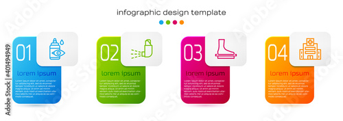 Set line Eye drop bottle, Inhaler, Flat foot and Medical hospital building. Business infographic template. Vector.