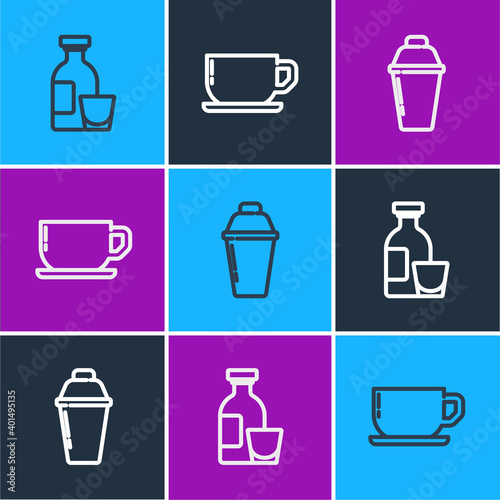 Set line Alcohol drink Rum, Cocktail shaker and Coffee cup icon. Vector.