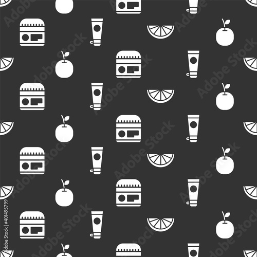 Set Citrus fruit, Apple, Cream or lotion cosmetic tube and Cream or lotion cosmetic tube on seamless pattern. Vector.