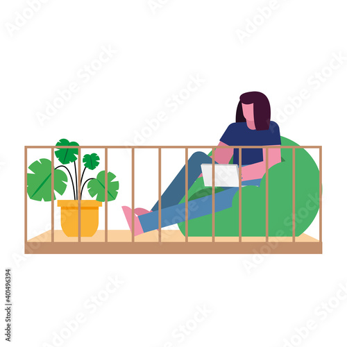 woman with laptop on puf working from home vector design