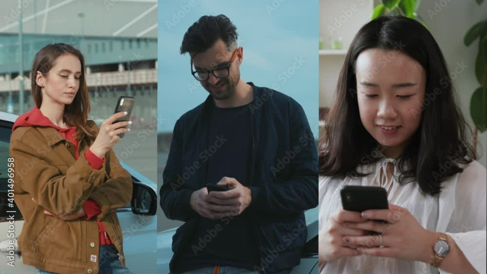 Diverse young beautiful people connecting to internet videochat using smartphone waving hand having fun socializing. Technology. Vertical multiscreen.
