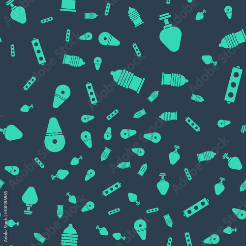 Set Condom safe sex, Anal plug, Dildo vibrator and Silicone ball gag with belt on seamless pattern. Vector.