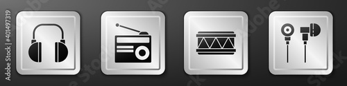 Set Headphones, Radio with antenna, Drum and Air headphones icon. Silver square button. Vector.