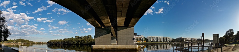 Beautiful underneath panoramic view of a road bridge across a river, Wilson park, Sydney, New South Wales, Australia Beautiful underneath panoramic view of a road bridge across a river, Wilson park, Sydney, New South Wales, Australia