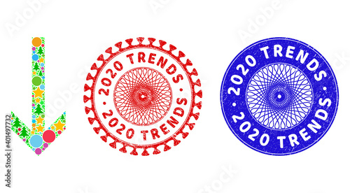 Arrow down composition of Christmas symbols, such as stars, fir trees, color round items, and 2020 TRENDS scratched watermarks. Vector 2020 TRENDS stamps uses guilloche ornament,