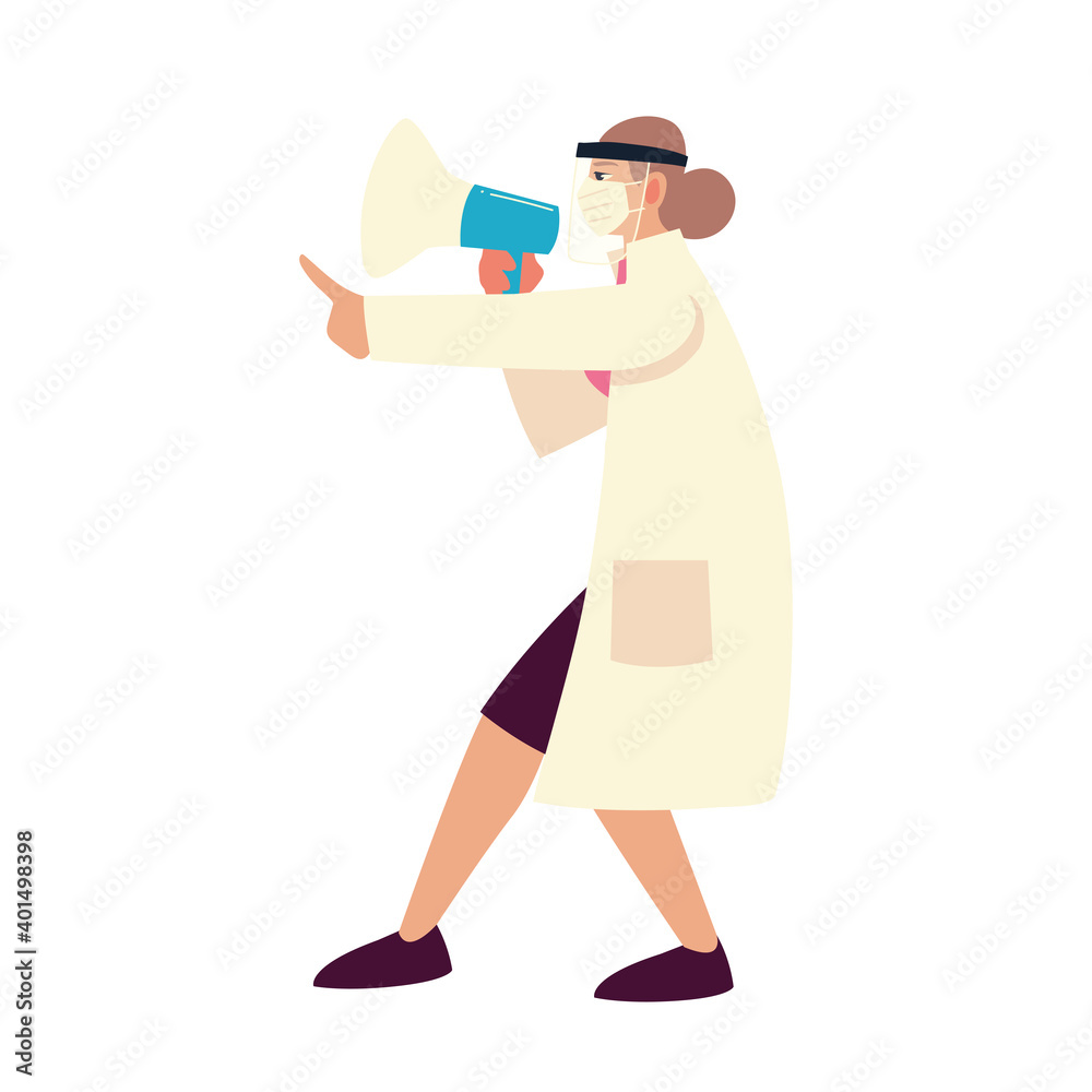 covid 19 virus protection and woman doctor with mask and megaphone vector design covid 19 virus protection and woman doctor with mask and megaphone vector design