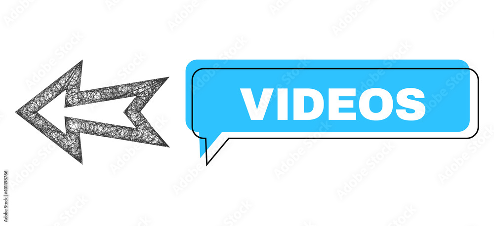 Speech Videos blue bubble message and wire frame arrow left. Frame and colored area are misplaced for Videos label, which is located inside blue banner. Vector quote label inside message frame. Speech Videos blue bubble message and wire frame arrow left. Frame and colored area are misplaced for Videos label, which is located inside blue banner. Vector quote label inside message frame.