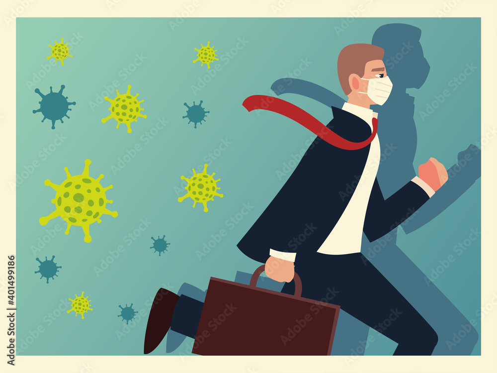 Fototapeta premium covid 19 virus businessman with mask necktie and suitcase vector design