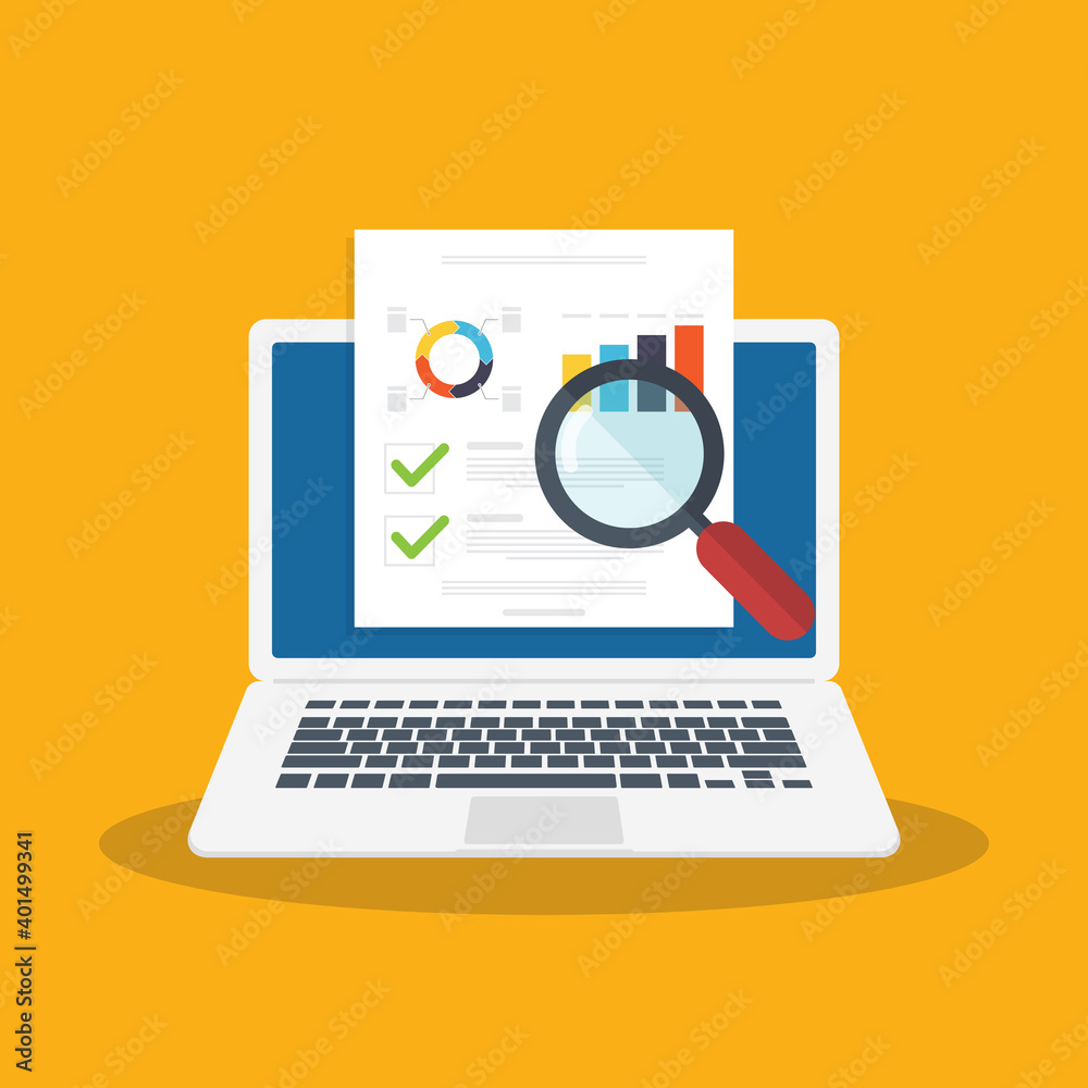 Data analysis, data report online on laptop computer, financial audit research analysis, analytics document web report, stats evaluation. Vector illustration Data analysis, data report online on laptop computer, financial audit research analysis, analytics document web report, stats evaluation. Vector illustration