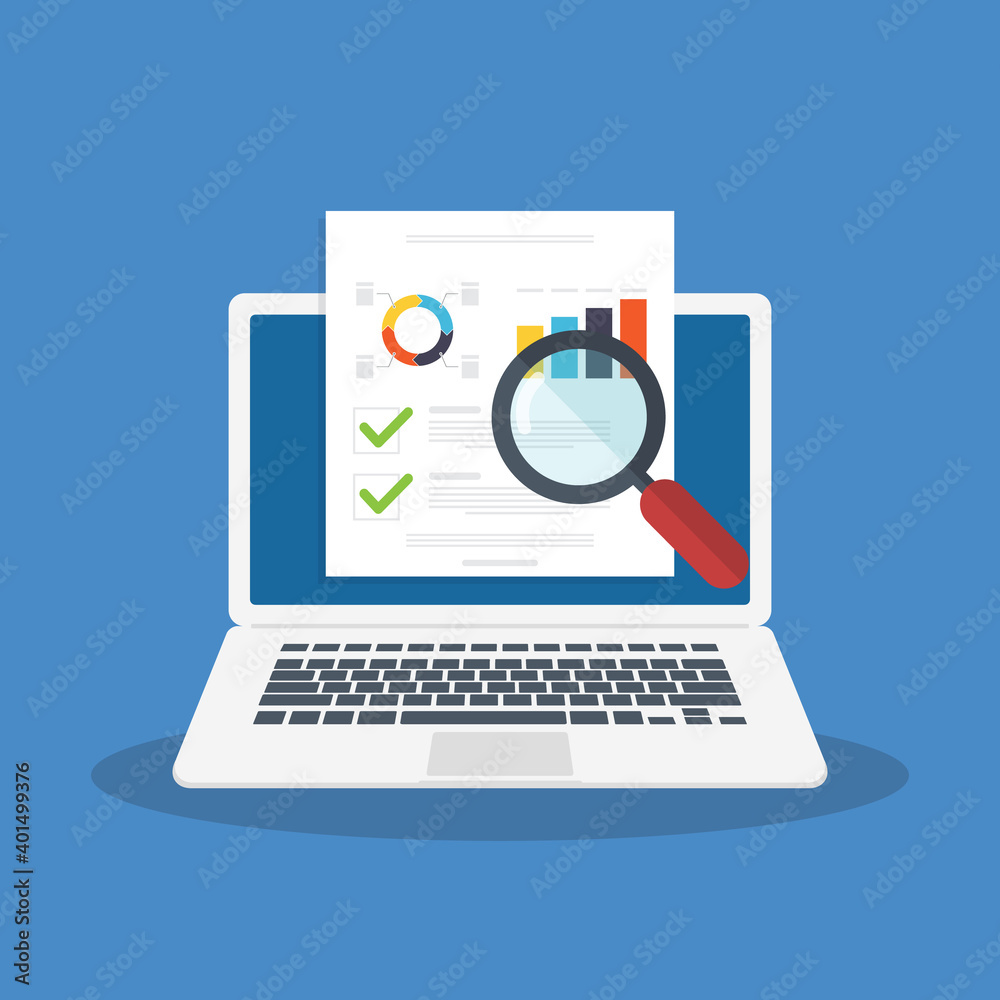 Data analysis, data report online on laptop computer, financial audit research analysis, analytics document web report, stats evaluation. Vector illustration Data analysis, data report online on laptop computer, financial audit research analysis, analytics document web report, stats evaluation. Vector illustration